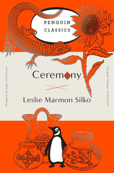orange cover with penguin, flower, Native American basket and lizard illustrations