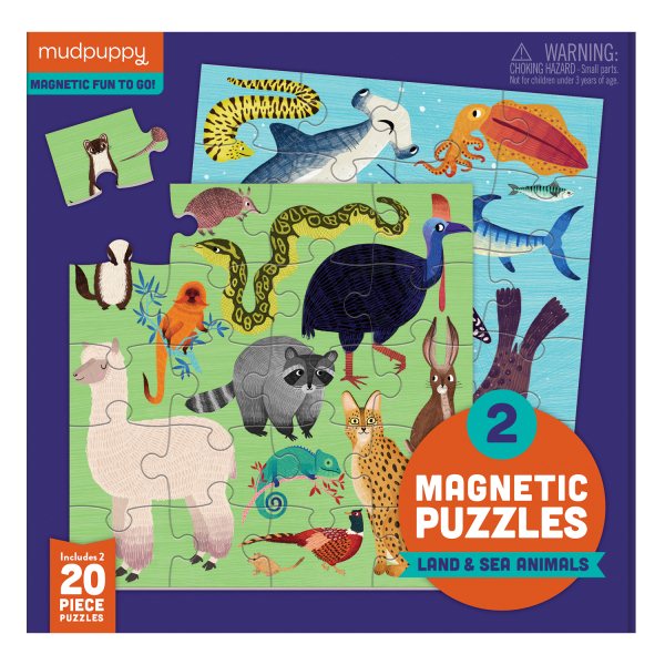 Mudpuppy Land & Sea Animals Magnetic Jigsaw Puzzle, Great for Kids Ages 4+, 2 Magnetic Puzzles, 20 Pieces Each, 6.5” x 6.5”, On-The-Go Magnetic Package, Perfect for Travel, Multicolor cover