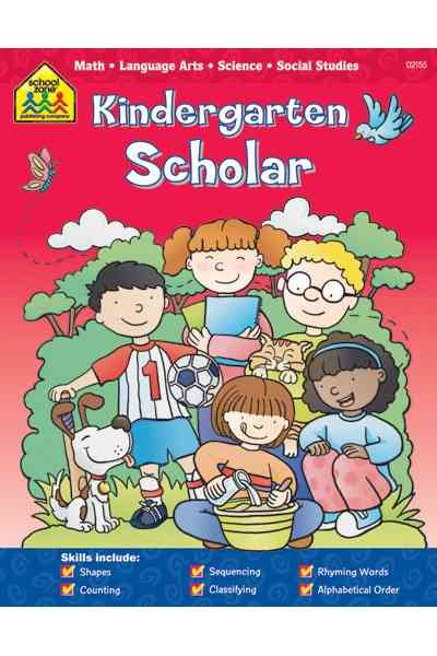 School Zone - Kindergarten Scholar Workbook - 32 Pages, Ages 5 to 6, Alphabet, Rhyming, Counting, Money, Shapes, and More