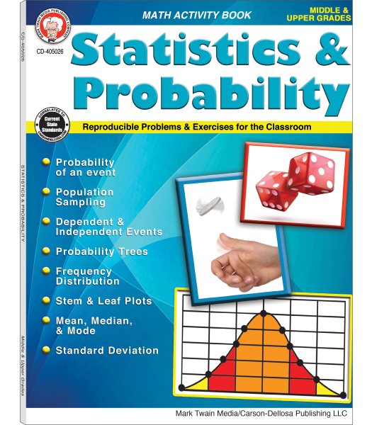 Mark Twain Media Statistics & Probability Math Workbook, Grades 5-12 Math Practice With Probabilities, Standard Deviation, Mean, Median, and Mode, STEM and Leaf Plots (80 pgs) cover