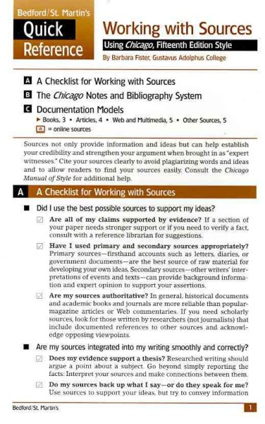 Working with Sources Using Chicago Style: A Bedford/St. Martin's Quick Reference