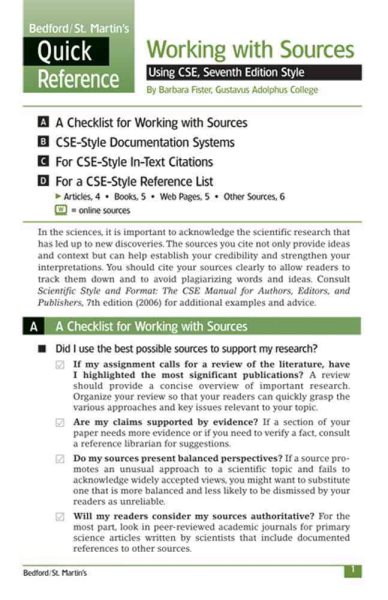 Working with Sources Using CSE Style: A Bedford/St. Martin's Quick Reference cover