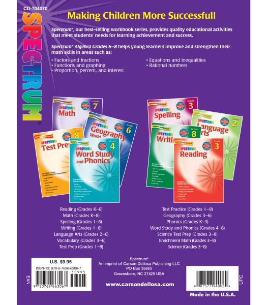 Spectrum Algebra Workbook, Grades 6-8 cover
