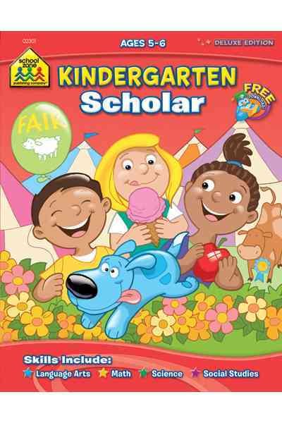 School Zone - Kindergarten Scholar Workbook - 64 Pages, Ages 5 to 6, Alphabet, Phonics, Shapes, Patterns, Counting, Addition & Subtraction, and More cover
