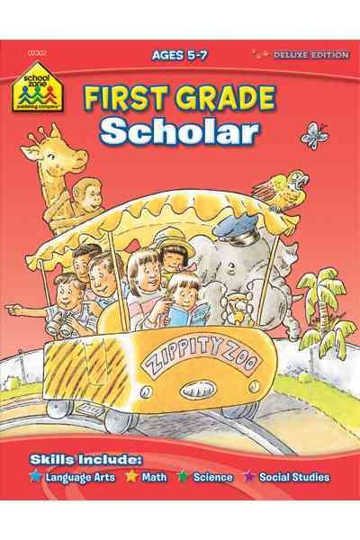 School Zone - First Grade Scholar Workbook - 64 Pages, Ages 5 to 7, Grade 1, Vowels, Consonants, Addition and Subtraction, Patterns, Sequence, and More cover