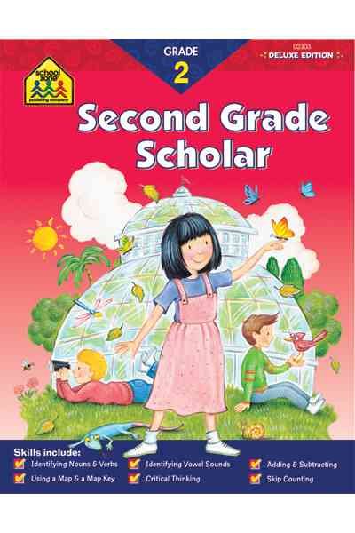 School Zone - Second Grade Scholar Workbook - 64 Pages, Ages 7 to 8, 2nd Grade, Language Arts, Math, Science, Coin Values, Telling Time, Critical Thinking, and More