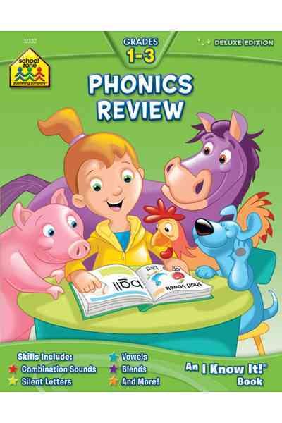 School Zone - Phonics Review 1-3 Workbook - 64 Pages, Ages 6 to 9, Grades 1 to 3, Combination Sounds, Short Letters, Vowels, and More (School Zone I Know It!® Workbook Series) cover