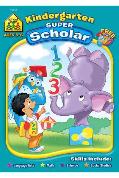 School Zone - Kindergarten Super Scholar Workbook - 128 Pages, Ages 5 to 6, Shapes, Colors, Beginning Sounds, Identifying Patterns, and More cover