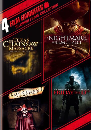 4 Film Favorites: Slasher Films (The Texas Chainsaw Massacre, Nightmare on Elm Street (2010), Friday the 13th (2009), Amusement) cover