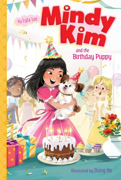 Book cover with a girl in a party hat holding a puppy
