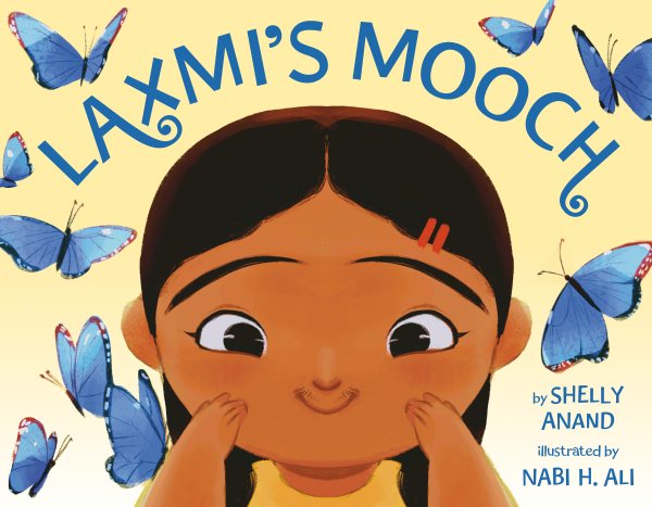 Book cover with a girl holding her cheeks looking straight ahead with blue butterflies around her